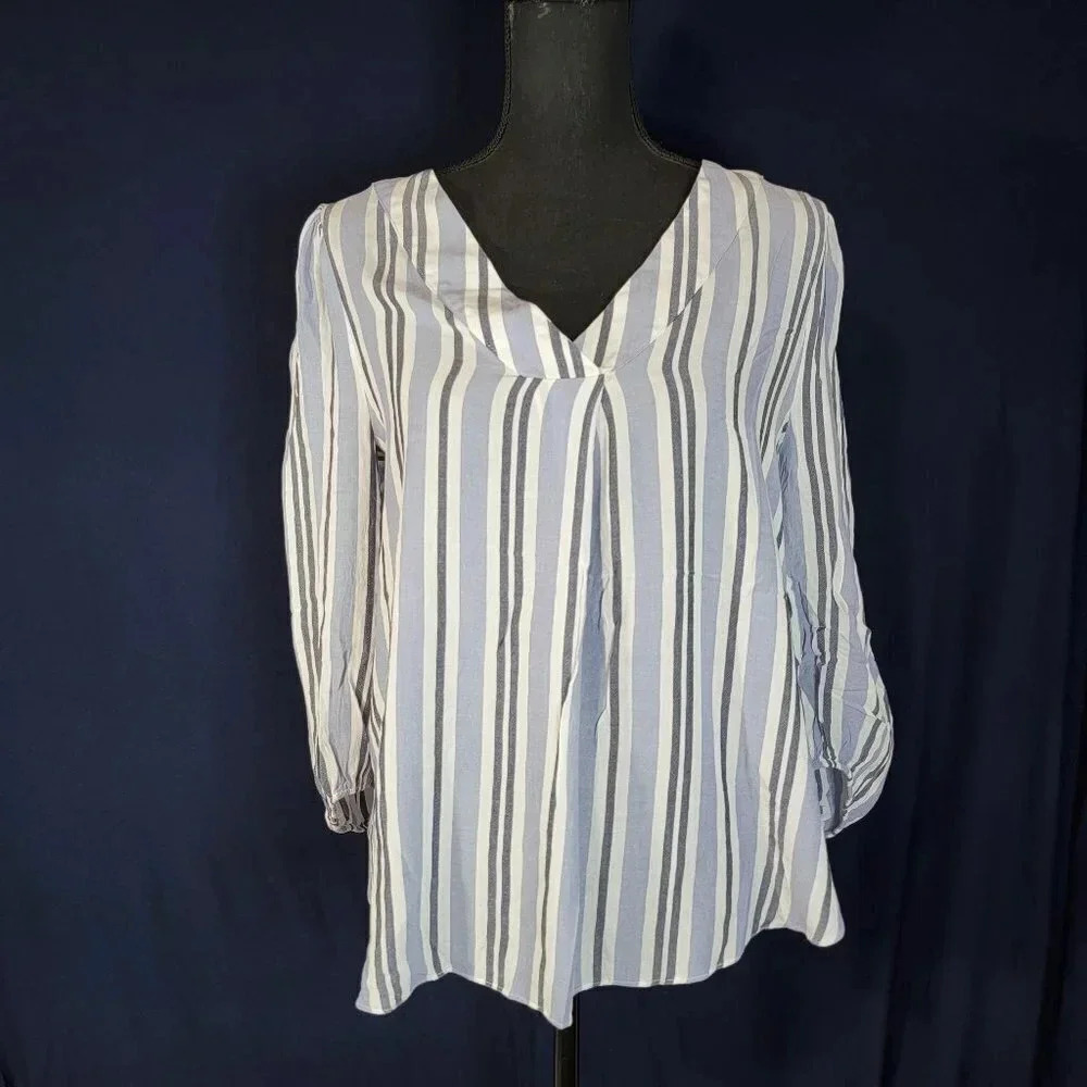 A.N.A Womens Top Blue White Striped 3/4 Sleeve Peasant V Neck Blouse Lightweight